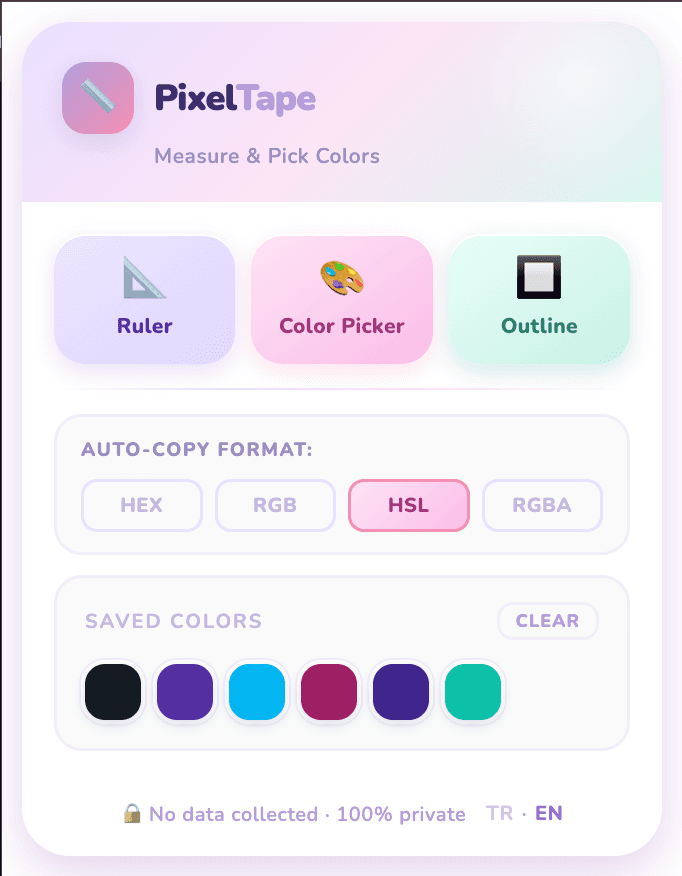 PixelTape popup showing saved swatches