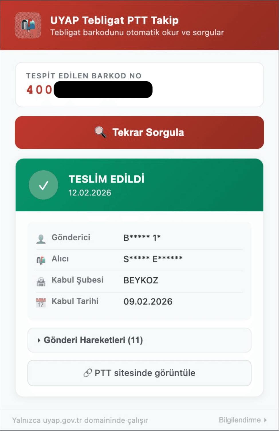 UYAP tebligat belgesi ve PTT barkod alanı