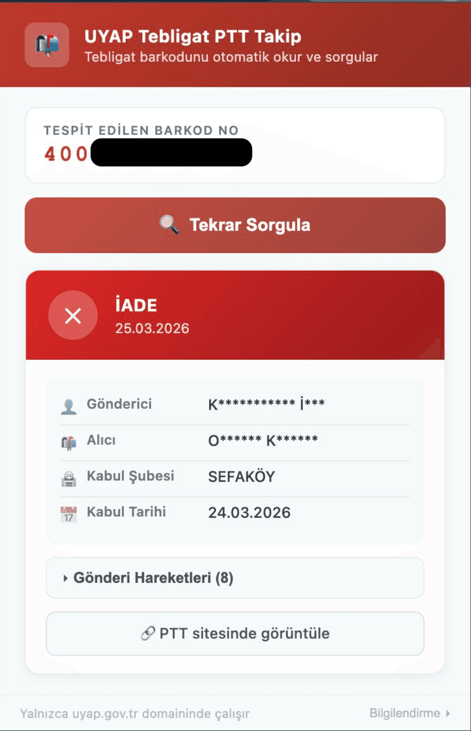Uzantı penceresinde PTT gönderi durumu ve zaman çizelgesi