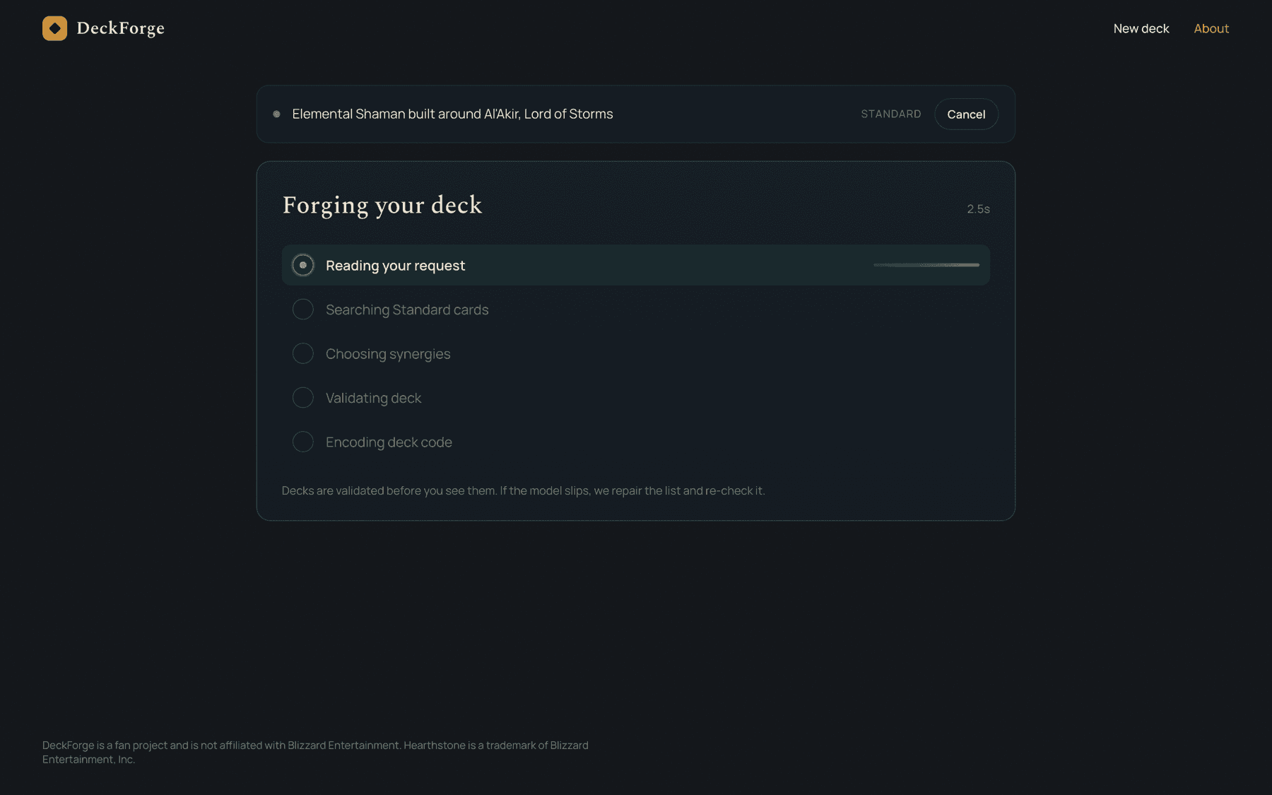 DeckForge forging screen with the live step tracker