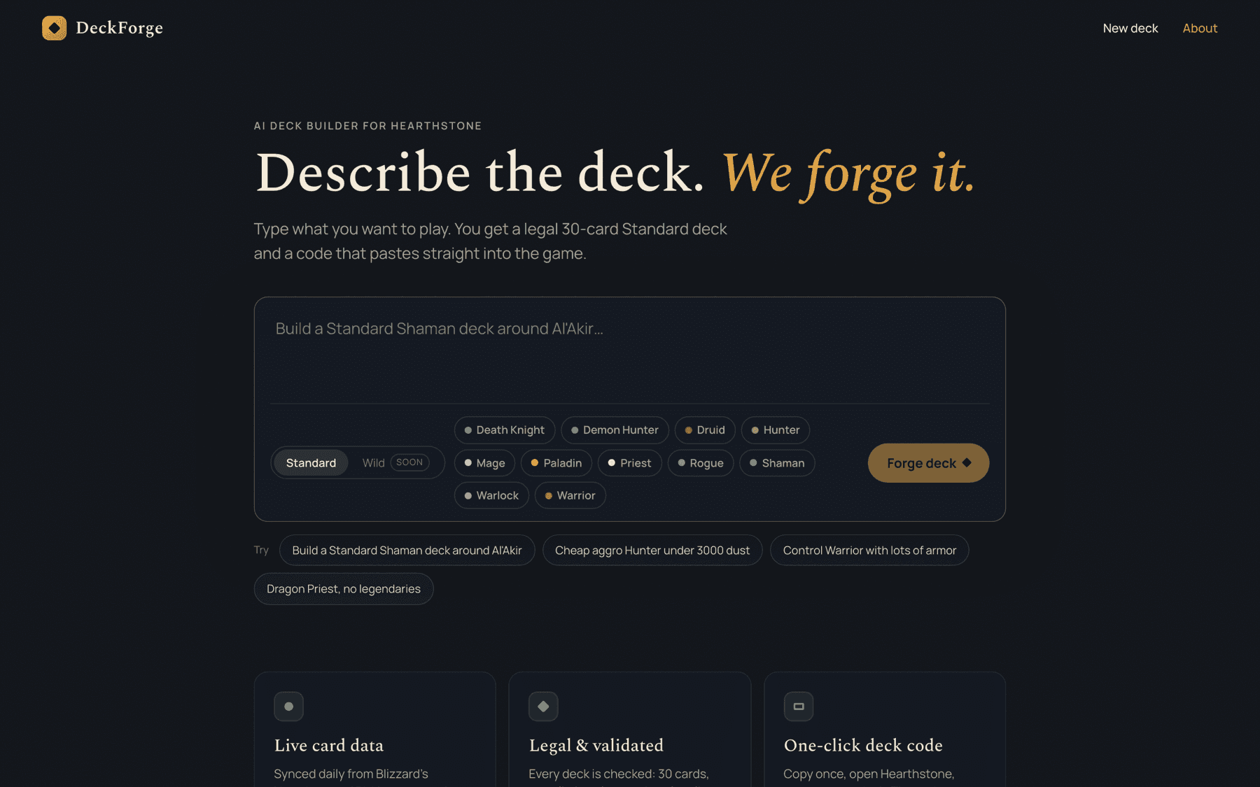DeckForge landing page with the prompt box and class chips